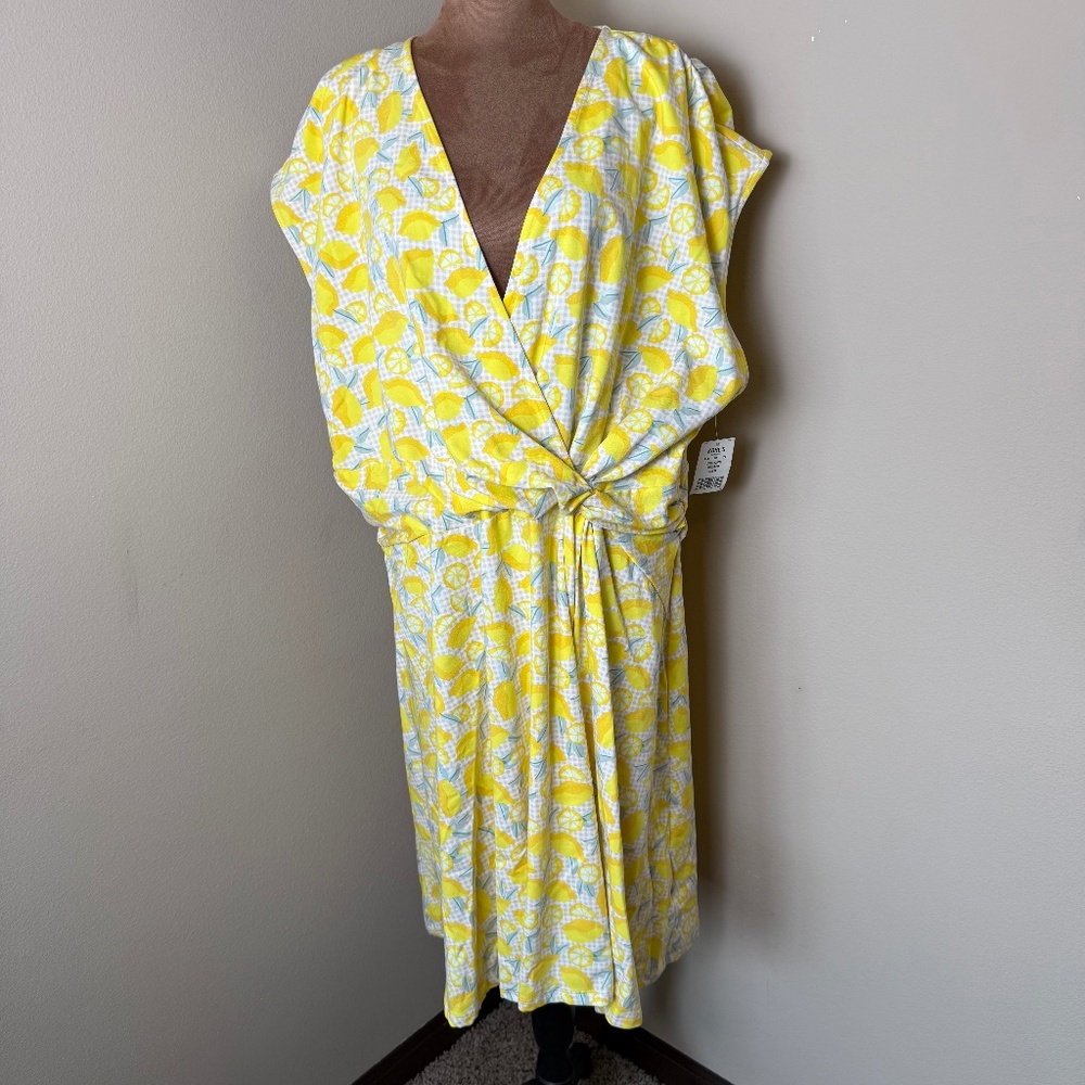 NWT Lands End Lemon Yellow Sun Dress Womens 3X 24W-26W Surplice Twist Gingham